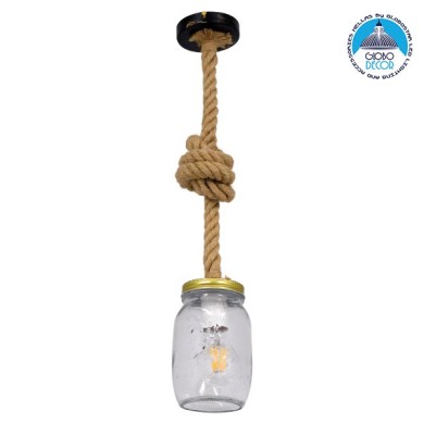 GLOBOSTAR® JAM 01128 Vintage Κρεμαστό Φωτιστικό Οροφής με Ντουί 1 x E27 AC 220-240V IP20 - Διάφανο & Μπεζ - Μ11 x Π11 x Υ120cm